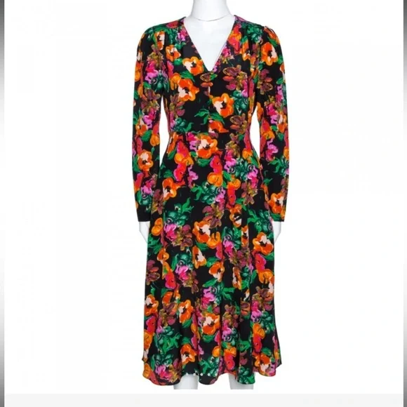 Diane von Furstenberg Silk Black Floral Print Silk Midi Dress size 6 (S) - Picture 3 of 16